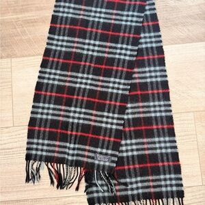 Burberry Black Plaid Scarf with Red & Light Blue Stripes